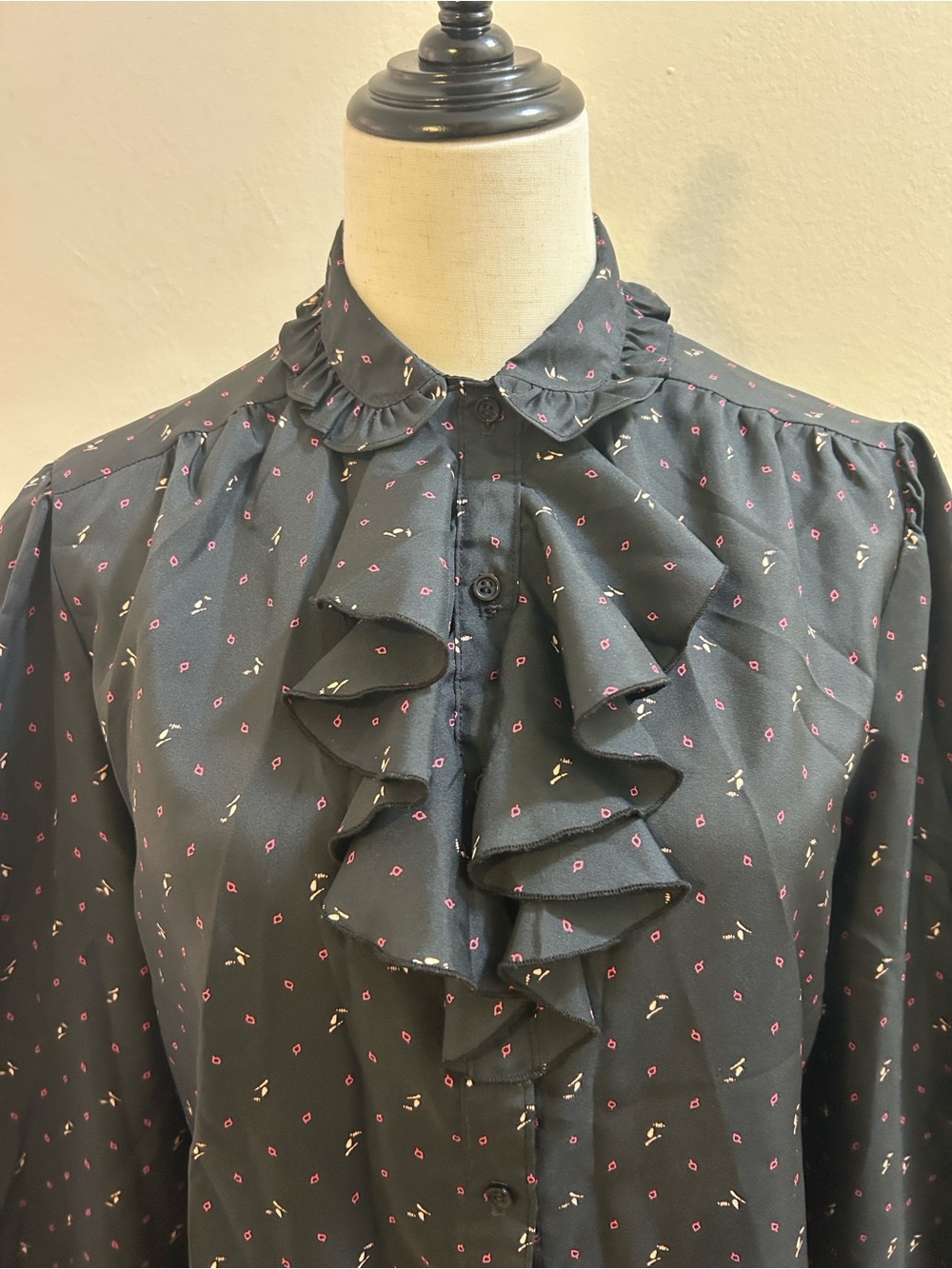 Black Ruffle-Neck Long Sleeve Blouse with Pink  Print* - Picture 6 of 14